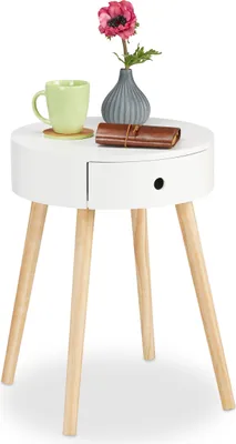 Produktbild von Relaxdays Beistelltisch rund, Schublade, skandinavisches Design, Couchtisch oder Nachttisch, HxØ: 52 x 40 cm, Holz, weiß