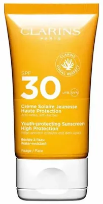 Obrázek produktu pro Clarins Youth-protecting SPF 30, Opalovací krém, Obličej, Tuba, Hydratující, Ochana, Smíšená pleť, Suchá pokožka, Normální pokožka, Mastná pleť, 50 ml