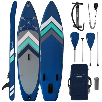 Productafbeelding van ALPIDEX Stand-Up Paddle Set, SUP, 305 x 76 x 15 cm, maximaal belastbaar tot 150 kg, opblaasbaar, stabiel, lichtgewicht, complete set, inclusief draagtas, peddel, vin, luchtpomp, veiligheidssnoer en reparatieset, kleur: blauw