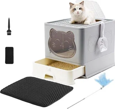 Produktbild von Famanu Katzentoilette mit Tür - faltbares Design, geruchsneutralisierend, groß, mit Kunststoffschaufel