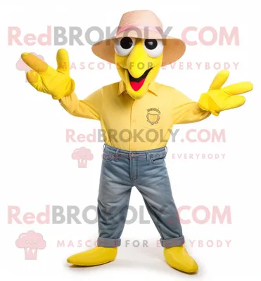 Produktbild von Zitronengelber REDBROKOLY Flamingo Maskottchen Kostüm charakter bekleidet mit Jeans und Hüten