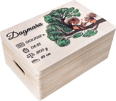 Produktbild von Creative Deco Erinnerungsbox Baby Holzkiste Personalisiert | 30 x 20 x 14 cm (+/-1cm) | Eichhörnchen Motiv für Geburt & Taufe | Groß Natur Geschenk Spielzeugkiste Holzbox mit Deckel und Giffen Gravur