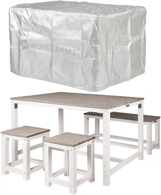 Obrázok produktu pre WONDERMAKE® Sedacia súprava drevená vonkajšia záhradná balkónová 4 osoby, jedálenská súprava vonkajšia jedálenská súprava, súprava: stôl lavica stolička, biela sivá