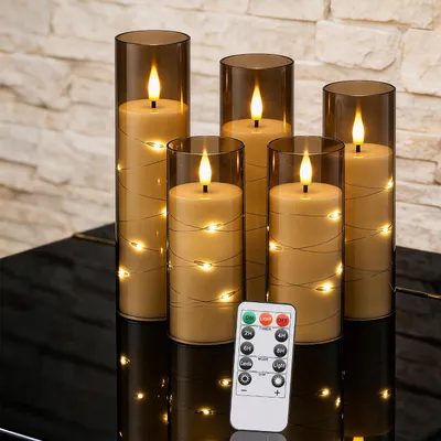 Obrázek produktu pro Sada 5 LED svíček Peviasot, průměr 5,5 cm, šedé barvy, s dálkovým ovládáním, teplé bílé barvy, blikající svíčky vhodné do obývacího pokoje a jako dekorace na stůl