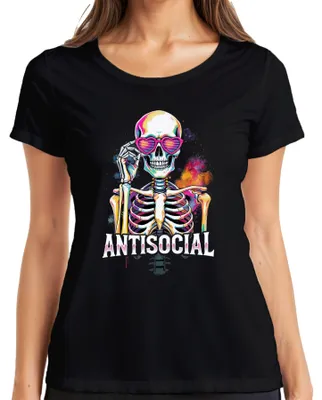 Zdjęcie produktu dla Koszulka damska Antisocial z motywem szkieletu, serca, czaszek i w kolorach Halloween w stylu retro, czarna, rozmiar XXL