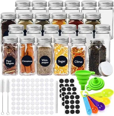 Produktbild von Famanu Gewürzgläser mit Streueinsatz, 24 x 100 ml, quadratische Gläser mit drehbarem Deckel