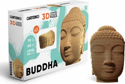 A product shot of a 3D cardboard puzzle of a Buddha bust, with the packaging and the assembled puzzle shown.