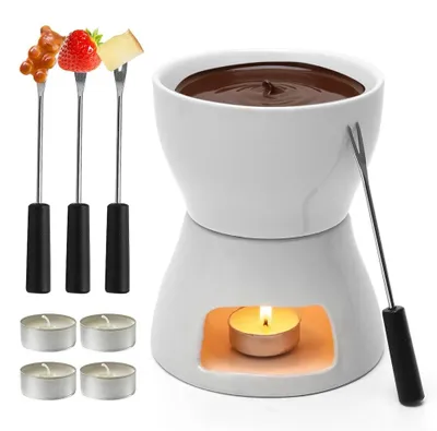 Image de Inovra - Set pour fondue au chocolat FARYODI comprenant 4 fourchettes, une casserole de 400 ml pour fondue (chocolat et fromage), un bol en céramique, un récipient pour fondue et un bol de service pour 4 personnes
