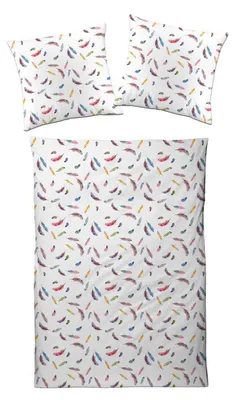 Produktbild von Designette Bettwäsche Satin - bunte Federn auf weißem Hintergrund 155 x 220 cm bunte Federn auf weißem Hintergrund