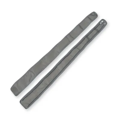 Two gray fabric extension pieces for leg compression sleeves are laid out diagonally on a white background.