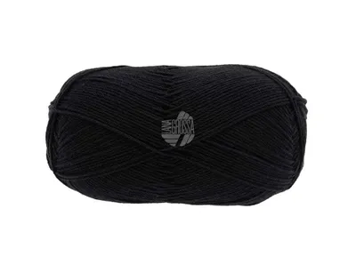 A ball of black yarn on a white background.