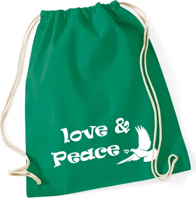 Produktbild von Huuraa Turnbeutel Love & Peace 12 Liter Kelly Green Baumwolle Rucksack Geschenkidee