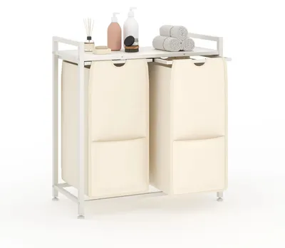 Obrázok produktu pre Košík na prádlo – dvojitý košík na prádlo s odkladacou plochou – vyberateľné koše – kovová konštrukcia – 68 x 33 x 72 cm – farba 02