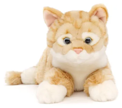 Produktbild von Uni-Toys - Katze mit getigertem Fell (rot-braun), liegend - 38 cm (Länge) - Plüsch-Kätzchen - Plüschtier, Kuscheltier