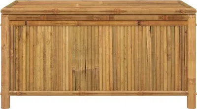 A front view of a rectangular bamboo chest or trunk.