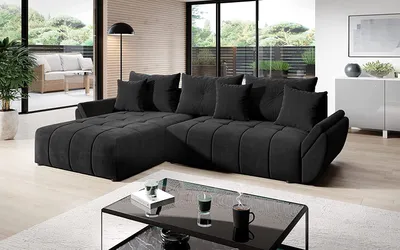 Produktbild von Vigo Velvet Monolith Ecksofa in L-Form 280 cm x 190 cm -  Schlafsofa mit Bettkasten - Couch mit Stauraum und Kissen - Sofa mit Schlaffunktion - Ausziehbares Schlafsofa - Farbe: Schwarz (M-95)
