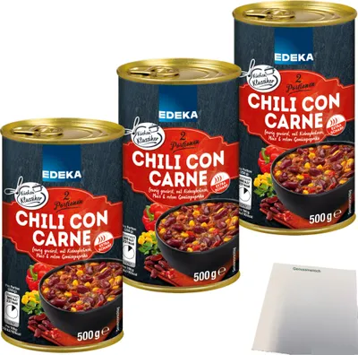 Produktbild von Edeka Chili con Carne feurig gewürzt mit Kidneybohnen Mais und rotem Gemüsepaprika 3er Pack (3x500g Dose) + usy Block