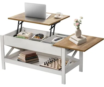Produktbild von Couchtisch Höhenverstellbar Weiß Holz mit Stauraum & X-Gestell
