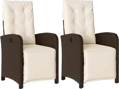 Two identical brown poly rattan garden chairs with cream cushions are shown against a white background.