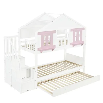 Produktbild von Flieks Etagenbett 90x200cm mit ausziehbarem Bett 90x190cm, Kinderbett mit Kleiderschrank und Schubladen, Hochbett Hausbett mit Lattenrost, Weiß Rosa