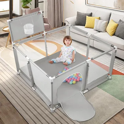 Immagine prodotto di Recinto gioco per bambini - Griglia da gioco in metallo - Dimensioni 126x66 cm - Con 50 palline e canestro da basket - Adatto a bambini da 0 a 12 mesi e ideale per piccoli appartamenti - Grigio chiaro