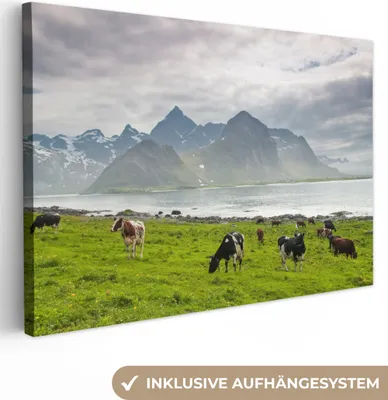 Produktbild von OneMillionCanvasses® - Leinwandbilder - 150x100 cm, Kuh - Berg - Meer, Wandbilder Kunstdruck Wanddekoration