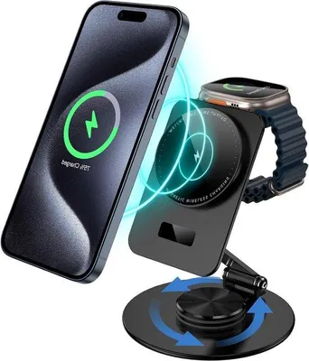 Immagine prodotto di Caricabatterie wireless 2 in 1 magnetico per iPhone, Apple Watch e AirPods Pro – Ecologico