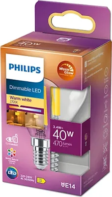 Obrázok produktu pre Kvapka žiarovky Philips LED 3,4 W = 40W E14 číra 470lm WarmGlow 2200K-2700K Ra>90 DIMMABLE