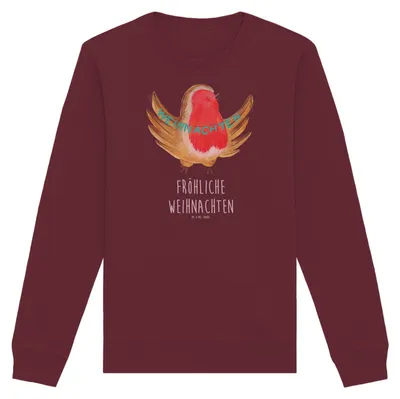 Produktbild von Mr. & Mrs. Panda Fair Fashion Pullover Rotkehlchen Weihnachten Größe M - Burgundy - Geschenk, Xmas, Frohe, Baumwoll Sweatshirt, Heiligabend, Sweater, Weihnachtsgruß, Bio