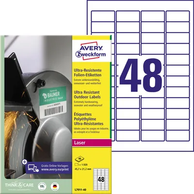 Produktbild von Avery Zweckform L7911-40 Ultra-Resistente Folien-Etiketten, 45,7 x 21,2 mm, 40 Bogen/1.920 Etiketten, weiß