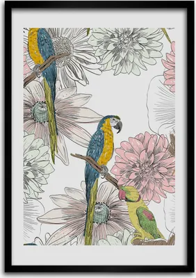 Produktbild von Bild - Bilderrahmen - Foto - 70 cm x 100 cm - MDF - Rahmen - Wandkunst - Papageien und Blumen