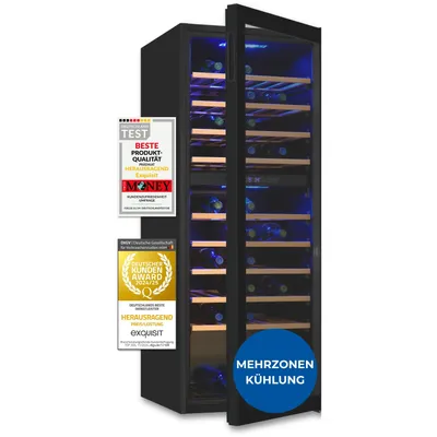 A wine cooler with its door slightly ajar, displaying bottles on shelves illuminated by blue light. Several award badges are attached to the front of the cooler.