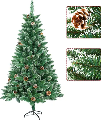 Productafbeelding van LZQ Kunstkerstboom, 180 cm, groen, PVC, met sneeuweffect en dennenappels. Kerstboom, decoratieboom, dennenboom met metalen voet