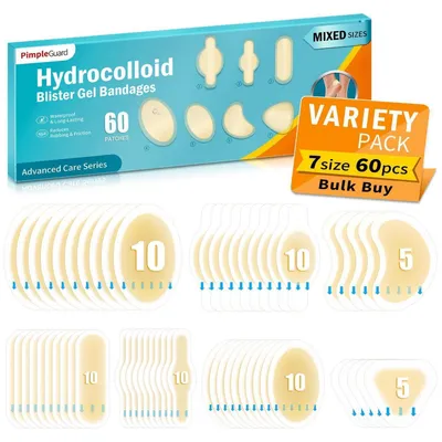 Immagine prodotto di Cerotti idrocolloidali per vesciche, confezione da 60 pezzi, 7 diverse dimensioni, impermeabili, cerotti in gel per tallone, dita dei piedi e avampiede