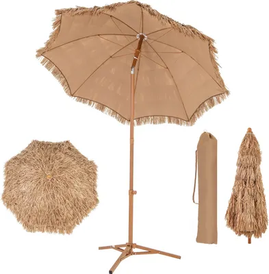 Zdjęcie produktu dla KOMFOTTEU 218 cm parasol Hawaii, parasol plażowy z torbą i składaną podstawą, parasol egzotyczny wykonany z imitacji słomy, składany parasol słomiany do ogrodu, na balkon, na plażę