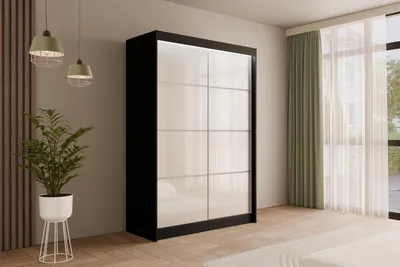 Produktbild von ALTDECOR Kleiderschrank mit Lacobel-Schiebetüren, kugelgelagerte Führungsschienen und Aluminium- Leisten, LED-Beleuchtung (weiß + 16 Farben) und Fernbedienung - PEKA3 - 150 cm Schwarz /  Weiß