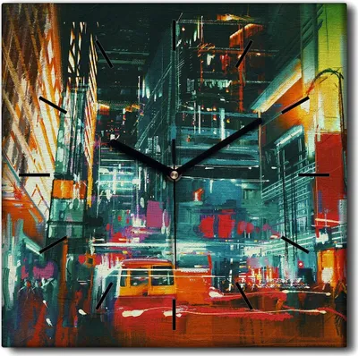 Produktbild von Coloray Uhr auf Leinwand 30x30 cm Wand Uhr Dekoration Wohnzimmer Segeltuch schwarze Hände -City Night Streets.