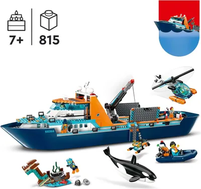 Zdjęcie produktu dla LEGO City Łódź badacza Arktyki, zabawka pływająca dla dziecka, model dużej łodzi z helikopterem, łodzią podwodną, wrakiem wikingów, 7 minifigurkami, prezent dla 7-latka, chłopca i dziewczynki, 60368