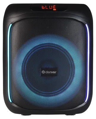 A black Bluetooth speaker with blue LED lighting and a red digital display at the top.