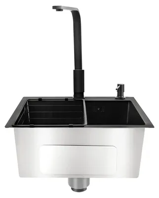 Immagine prodotto di Lavello da cucina - Lavello in acciaio inossidabile con un solo vano - Rettangolare, 34x23 cm - Montaggio a incasso - Completo di miscelatore quadrato nero, dispenser per sapone, cestello di scarico e 2 valvole angolari