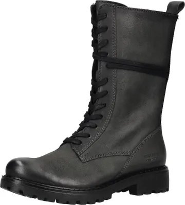 A single gray leather boot is shown against a white background.