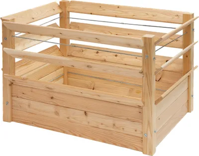 A wooden raised garden bed.
