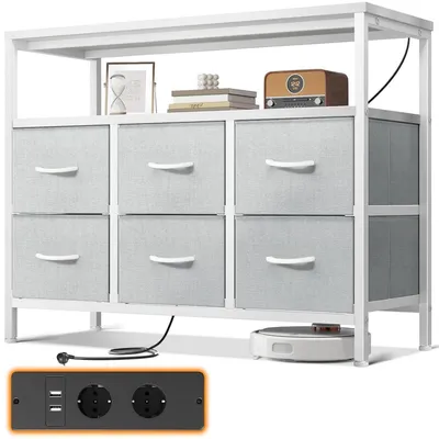 Obrázek produktu pro Komoda se 6 zásuvkami potaženými látkou, 2 zásuvkami, 2 USB porty, rozměry 100x30x85,2 cm, bílá barva