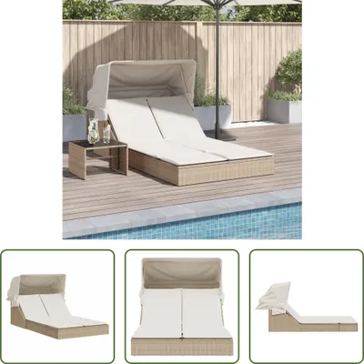 Produktbild von The Living Store Doppel-Sonnenliege mit Dach und Auflagen Beige Poly Rattan