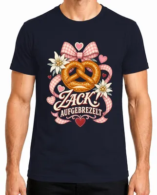 Productafbeelding van Zack! Broodje met kaas, Edelweiß, traditioneel kledingstuk, lederen broek, dirndl, heren T-shirt, marineblauw, maat S