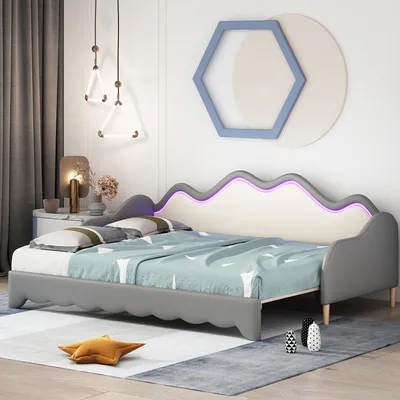Produktbild von MODFU Schlafsofas Tagesbett 90x190/180x190cm mit LED-Beleuchtung, Polsterbett Daybett mit Lattenrost und Armlehnen, Polsterbett Kinderbett Sofabett Kunstleder, Grau(Ohne Matratze)