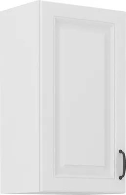 A close-up, studio shot of a white kitchen wall cabinet.