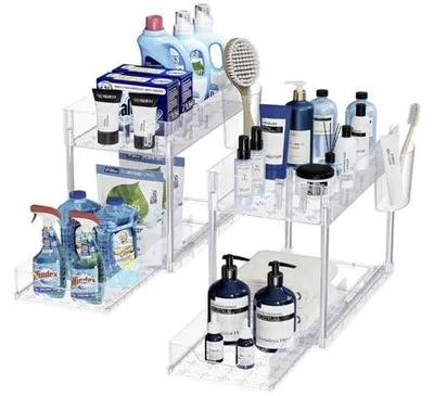 Obrázek produktu pro Dvojitý úložný prostor na dřevěné předměty pod dřez, kuchyňský úložný prostor na dřevěné předměty, dvojitý, s výsuvnou přihrádkou, multifunkční úložný prostor na dřevěné předměty do koupelny, na příborník, do prádelny, průhledný