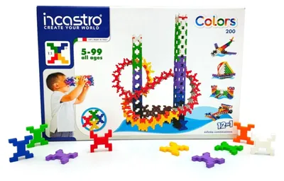 Zdjęcie produktu dla Zestaw konstrukcyjny Incastro Pack 200 – 200 elementów w 10 kolorach (3,5×3,5×0,5 cm, tworzywo ABS, włoski design) – od 4 lat, certyfikaty CE i EN-71