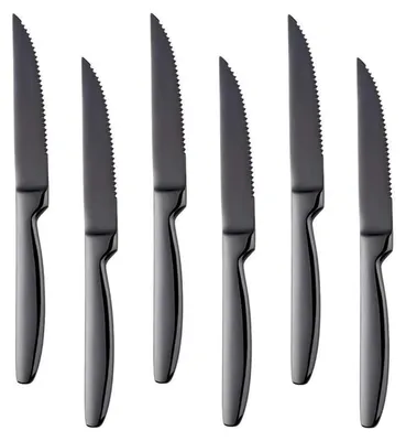 Immagine prodotto di Set di coltelli per bistecca, 6 pezzi, lama seghettata affilata, acciaio inossidabile, 22 cm, colore nero